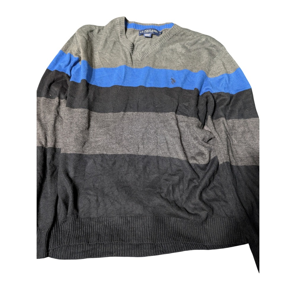 US Polo Assn Mens‎ V-Neck Sweater Large Striped Grey Black Blue Long Sleeve A4